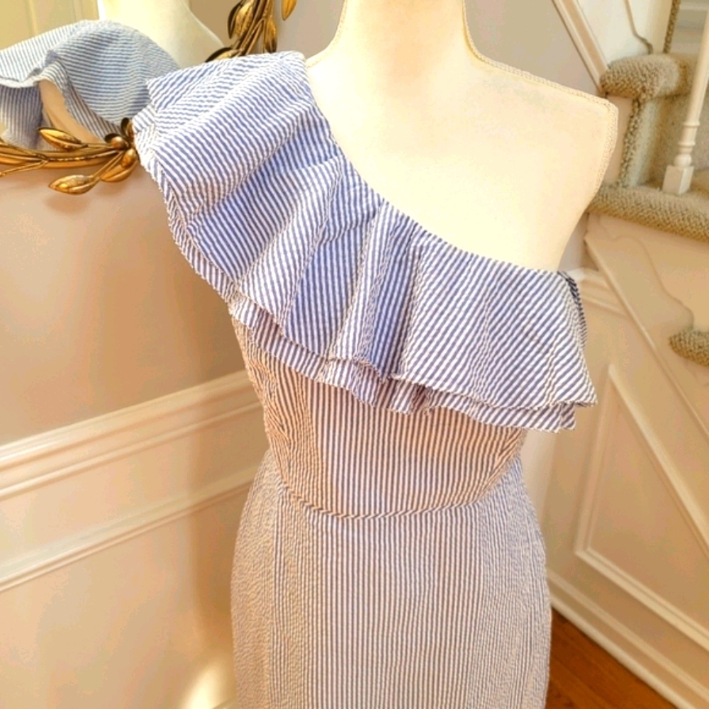 🆕️ J. Crew One Shoulder Ruffle Dress Seersucker 8 - Picture 3 of 9